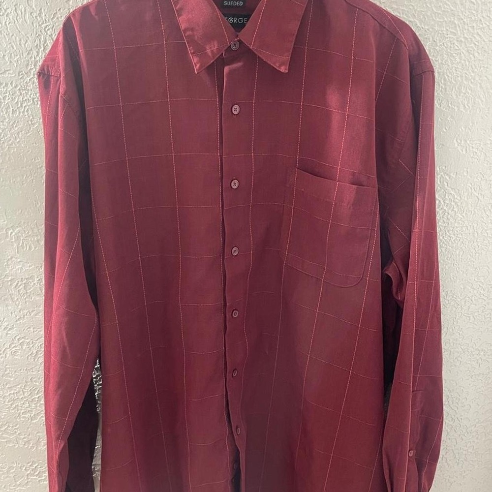 George Sueded Burgundy Red Thin Grid Pattern Long Sleeve Button Up Shirt XL